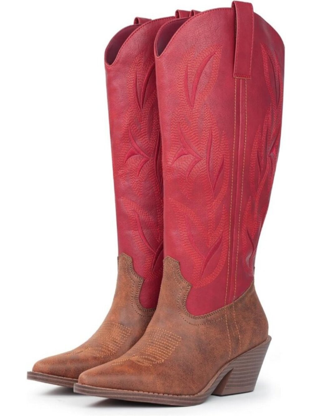 Women's Red Knee High Boots Snip Toe Faux Leather Embroidered Cowgirl Boots